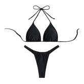 Traje de baño bikini de corte halter sin espalda y con lazo en la parte delantera, fruncido y liso